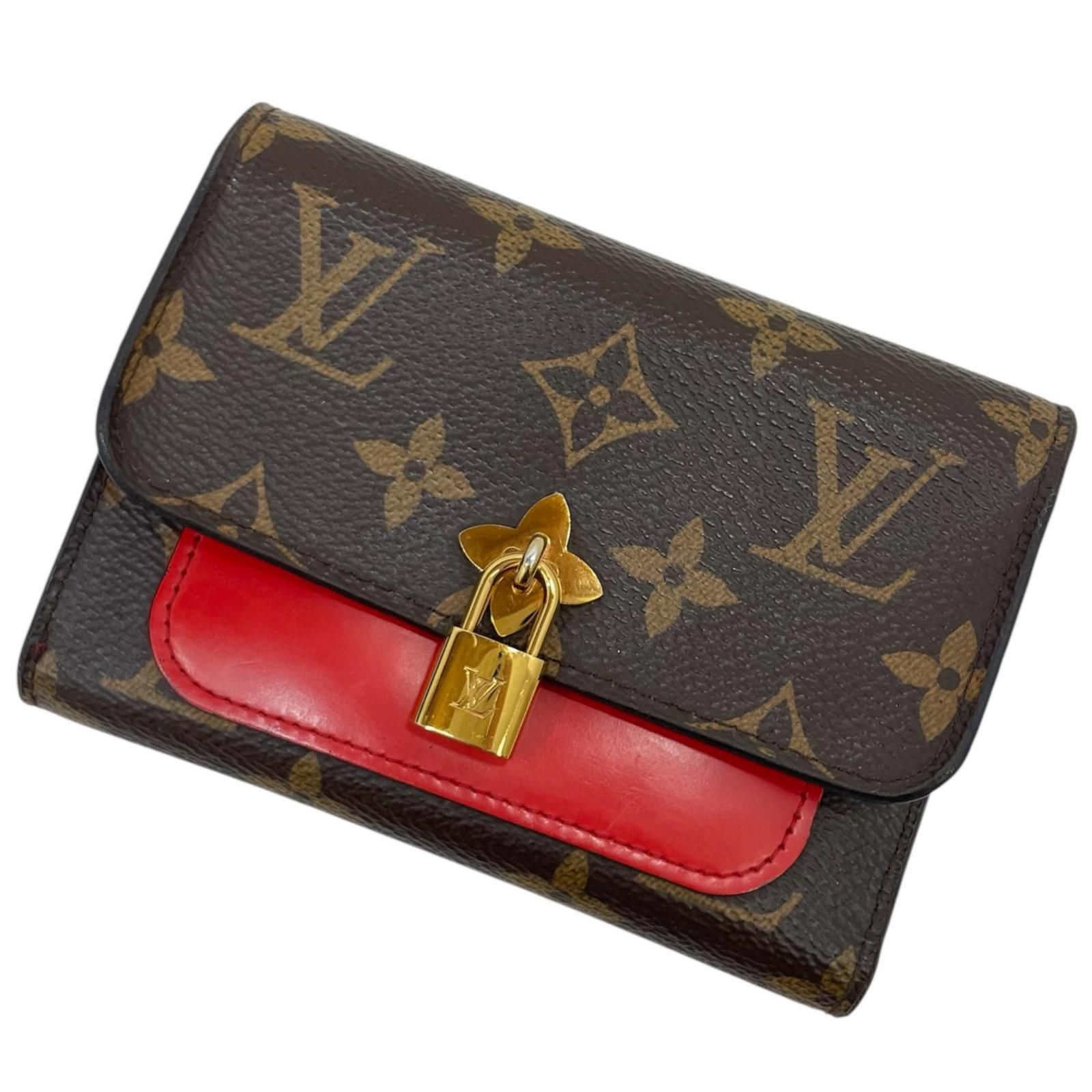 美品　Louis Vuitton 三つ折り財布 ダークブラウン/ワインレッド ルイ・ヴィトン 三つ折り財布 ダークブラウン/ワインレッド