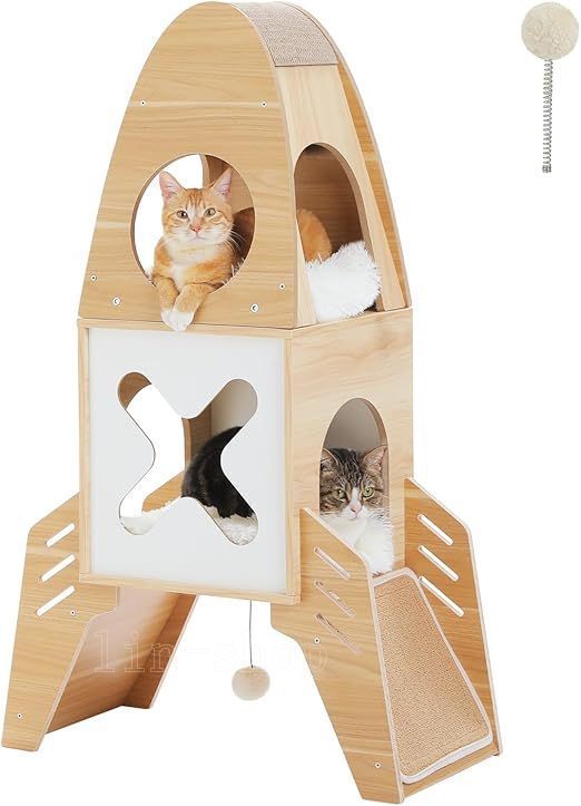 PAWZ Road キャットタワー 木製 木目調 おしゃれ ロケット 猫タワー 猫のおもちゃ 人気 猫爪研ぎ 省スペース 頑丈耐久 爪とぎシート 隠れ家 スロープ 多頭飼い 猫爪研ぎお 手入れ簡単 イ