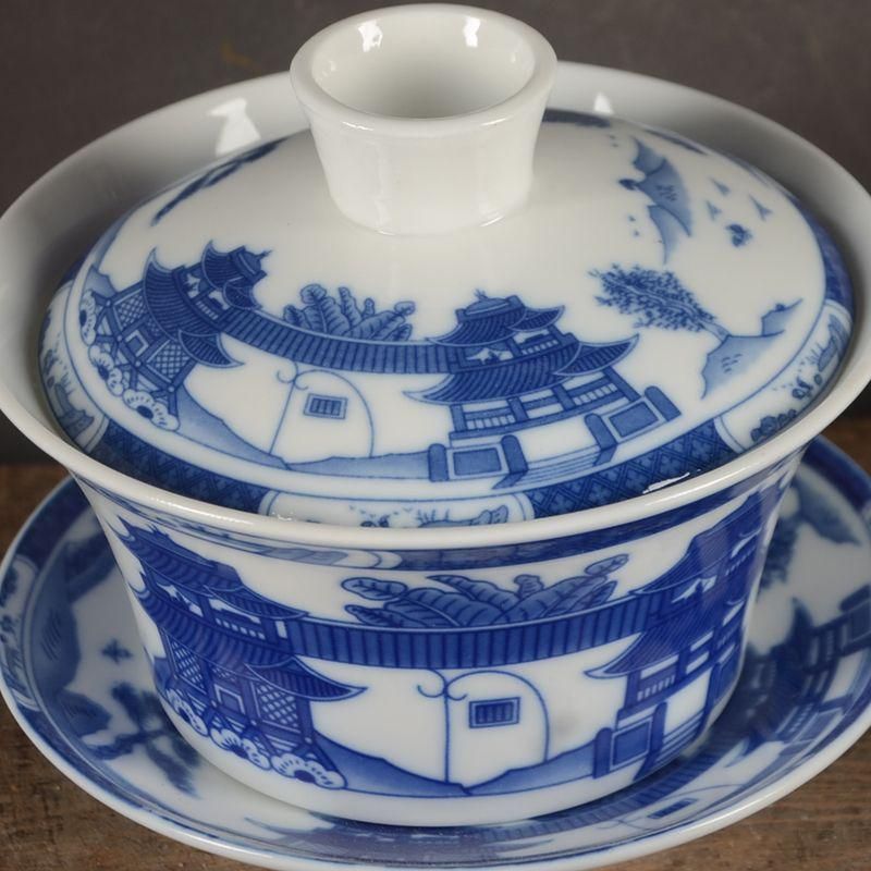 景徳鎮陶磁器梧桐山水蓋碗 茶碗 煎茶器 茶道具 新品未使用
