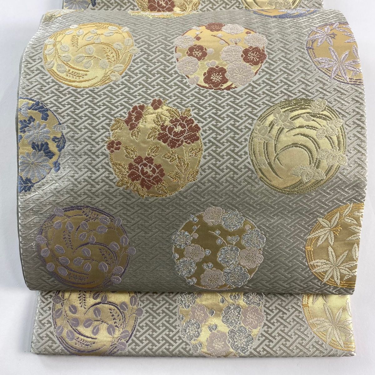 袋帯 能衣花乃丸文 金銀糸 箔 灰色 六通 正絹
