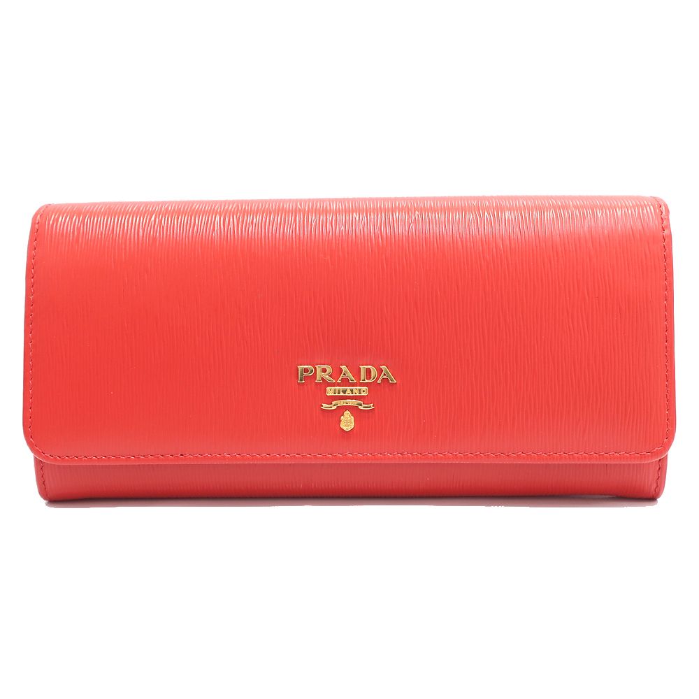 【栄】プラダ 長財布 1MH132 2B6P FORGA LACCA ロゴ レッド 赤 ゴールド金具 パスケース レディース 女性 箱 保証書