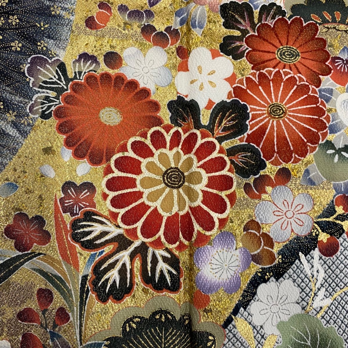 振袖 身丈159cm 裄丈63.5cm S 袷 草花 松竹梅 金彩 染め分け 赤