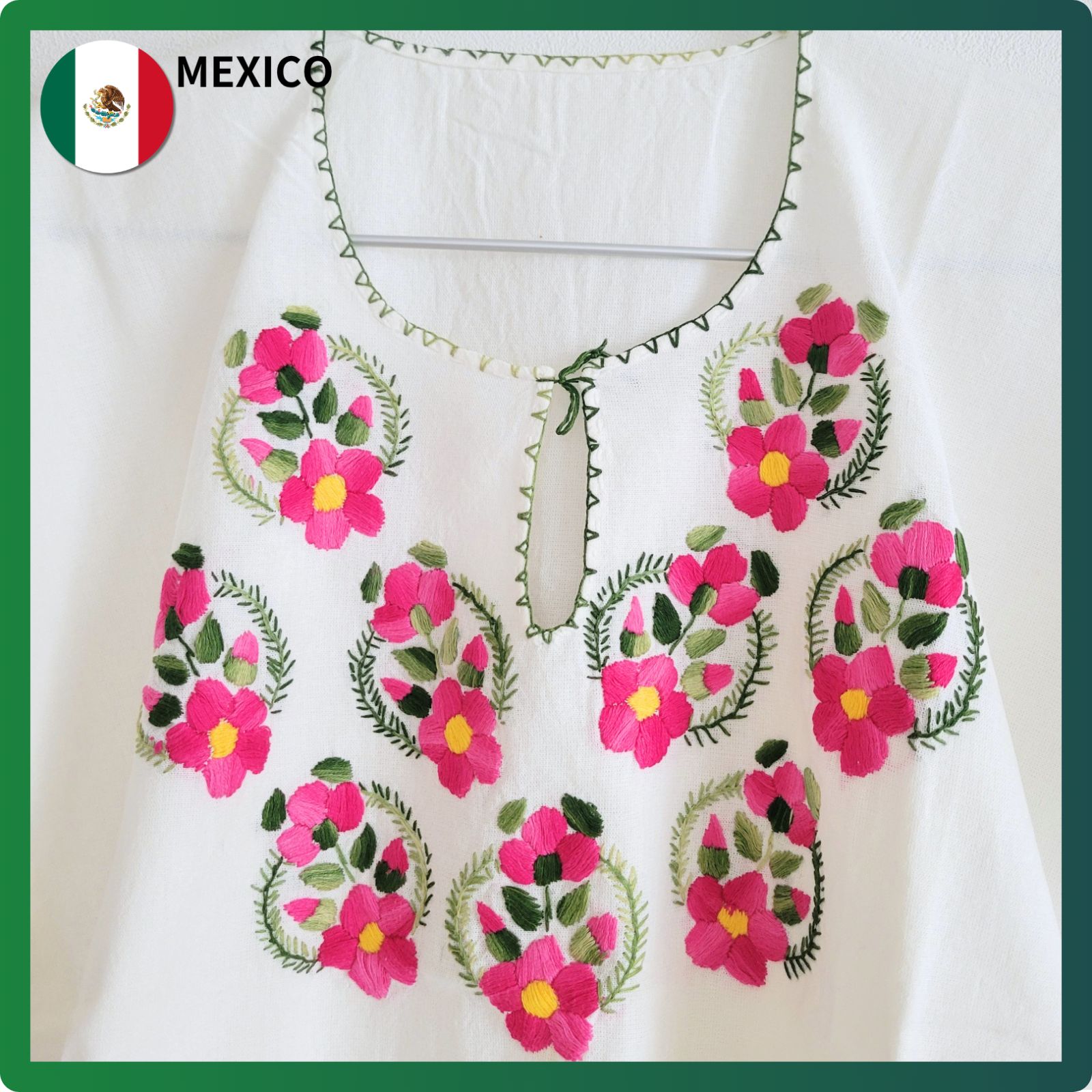 在庫1点限り・新古品】メキシコ 手刺繍 ブラウス 半袖 手縫い 花柄 
