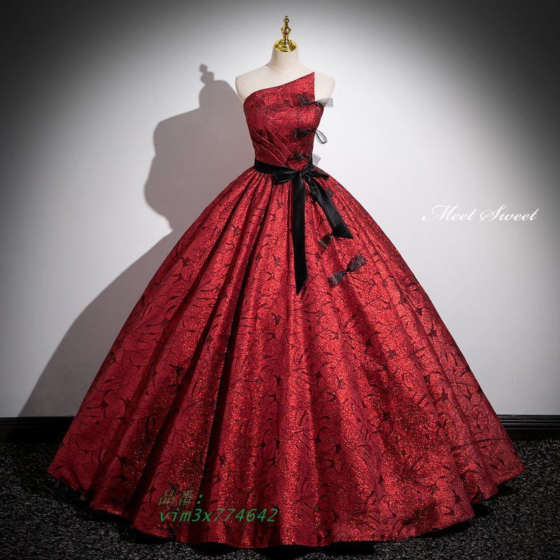 ドレス プリンセスライン ロングドレス レッド ベアトップ リボン 花柄 結婚式 ウェディングドレス ステージ衣装 二次会 発表会 花嫁 演奏会 前撮り vim3x774642