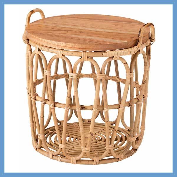 天然木 ミンディ と籐 ラタン の収納バスケットテーブル 約W43×D43×H42cm No.821 ナチュラル