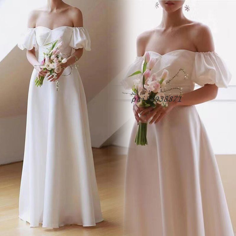ウェディングドレス ロングドレス スレンダーライン オフショルダー サテン 半袖 二次会 前撮り 結婚式 ウエディングドレス 花嫁 シンプル ブライダル pai5a938871