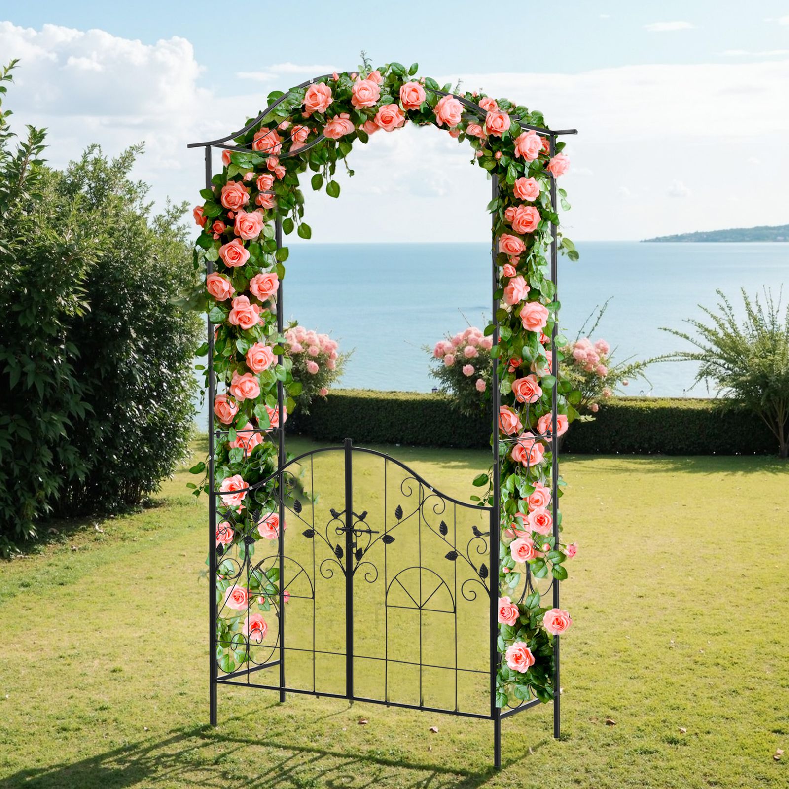2個 セール中 ガーデンアーチ＆ゲートセット 両開き門扉 ガーデンアーチ ローズアーチ 園芸 ガーデニング用品 ガーデン ファニチャー スチール 鉄製 薔薇アーチ 外 園芸用品 アーチ ガーデニング 花立て 庭園 おしゃれ