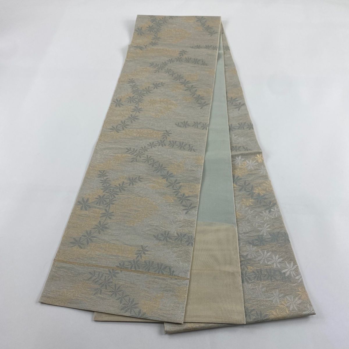袋帯 秀品 織悦 落款 夏帯 紗 葉 箔 青灰色 全通 正絹 【中古