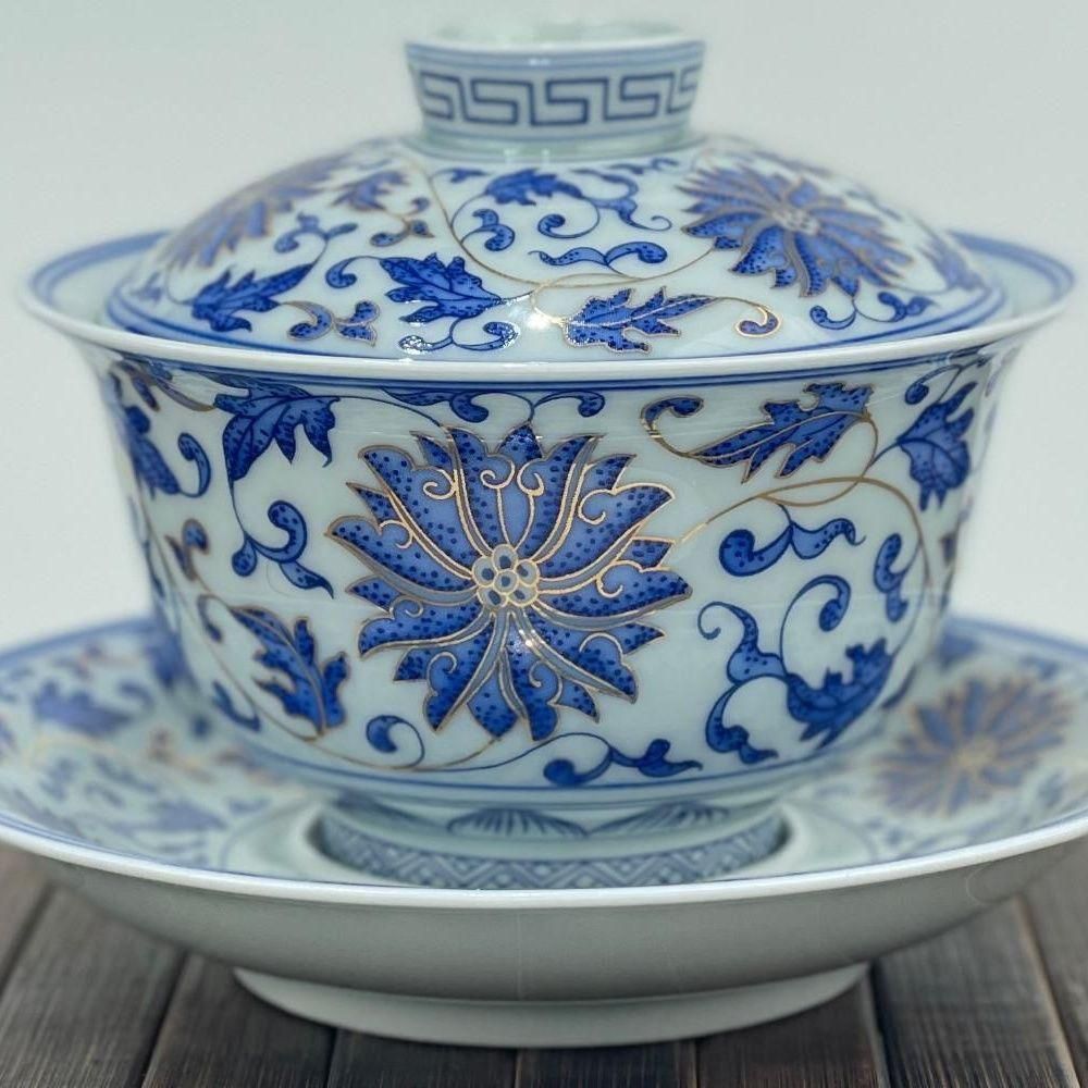 中国茶器 景徳鎮 締め金糸青花磁蓋碗 茶碗 煎茶器 新品未使用