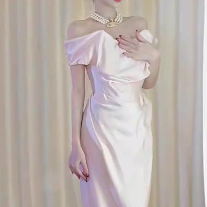 ◈ イブニングドレス パーティードレス ロングドレスキャバドレス演奏会 大人 ピアノ 発表会 オフショルダー ドレス タイト ベージュ系 マーメイドライン 0910