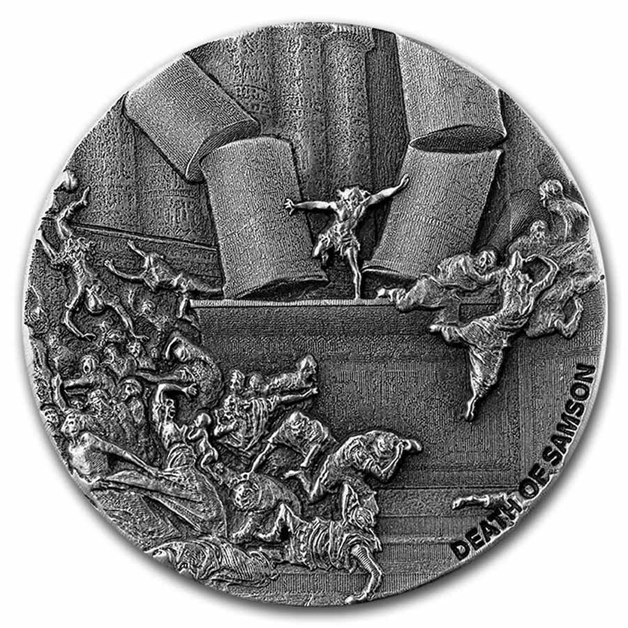 保証書付き] 2021年 (新品) ニウエ「聖書シリーズ・サムソンの死」純銀 2オンス アンティーク 銀貨