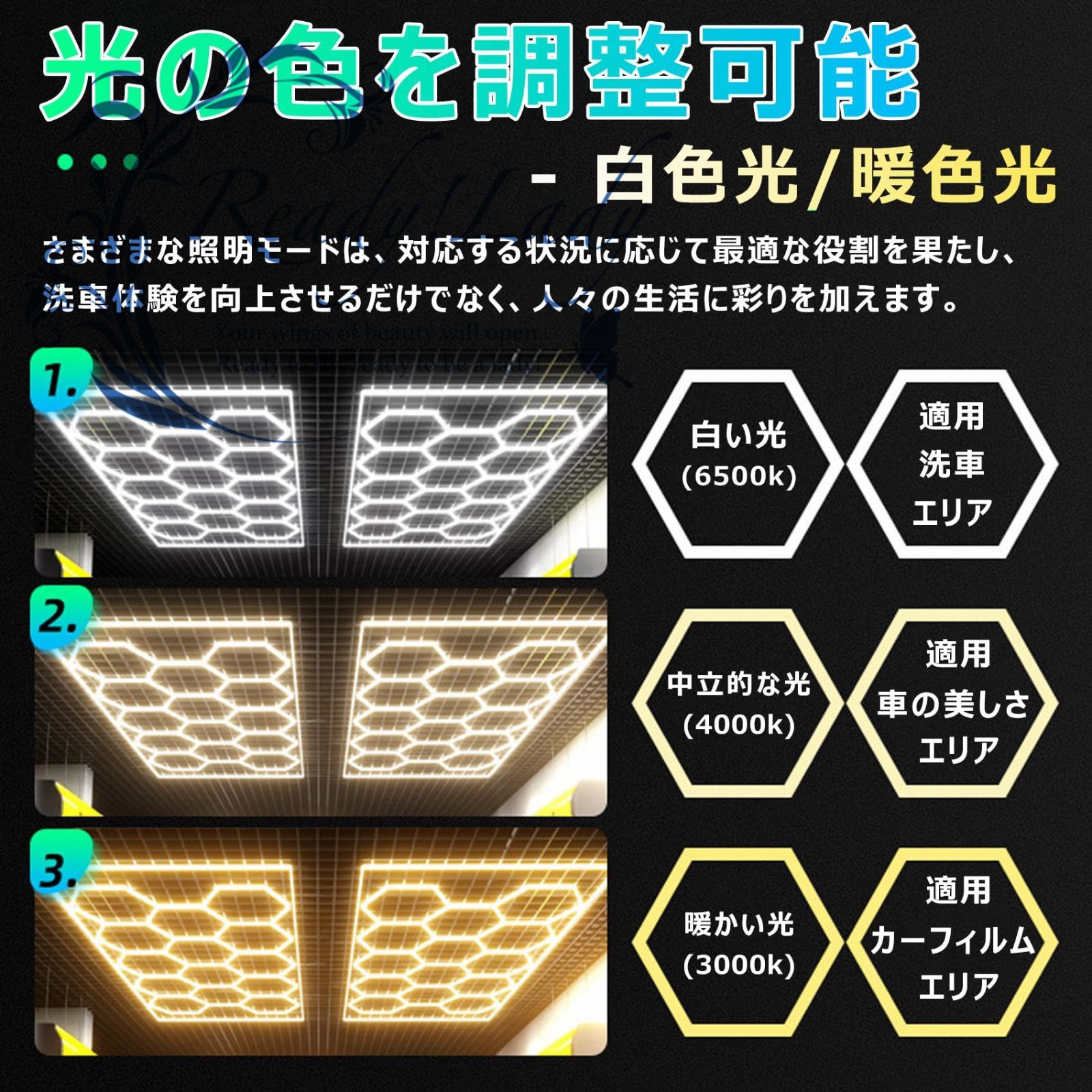 ガレージライト カラフルLED 洗車室 天井用 110V ハニカムライト 3000-6500K 高輝度 DIYセット 白/暖かい光 防水 DIYセット  green - メルカリ