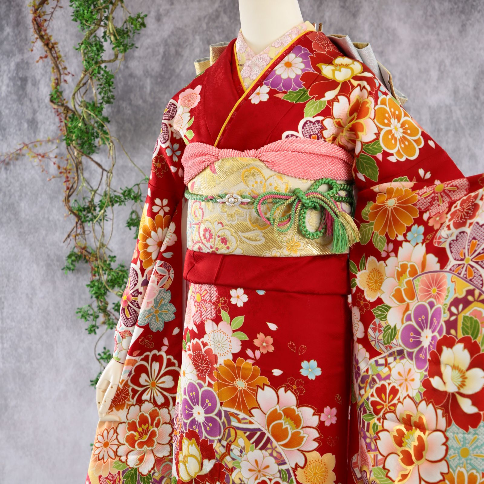 振袖フルセット 振袖セット 振袖 M～Lサイズ 赤×新古典 美品