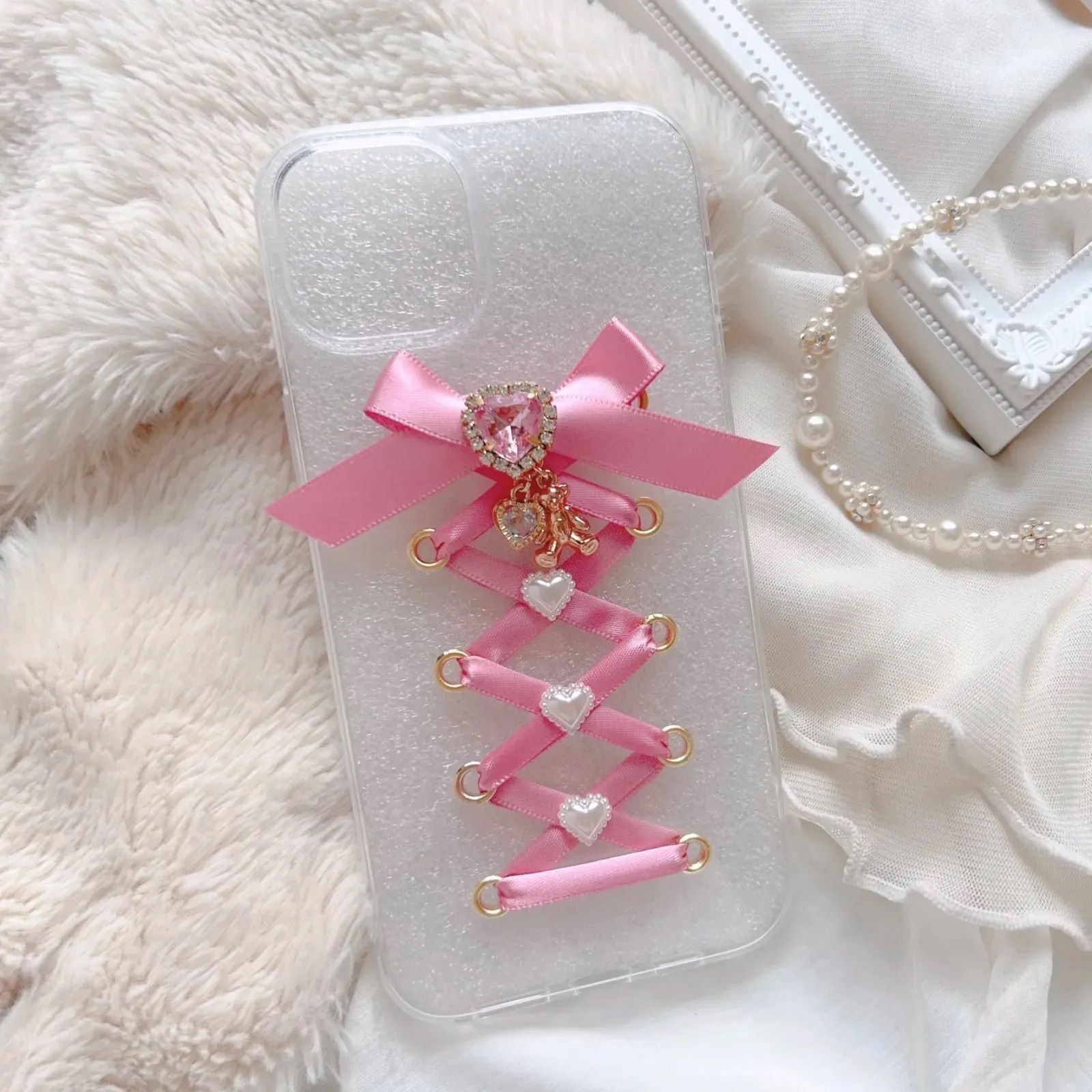 💎センターパーツ+チャーム2点付💎レースアップ スマホケース ♡ iPhone Android mobilephonecase 編み上げ  Laceup リボン ribbon 推し活 量産型 地雷系 cute 韓国ファッション - メルカリ