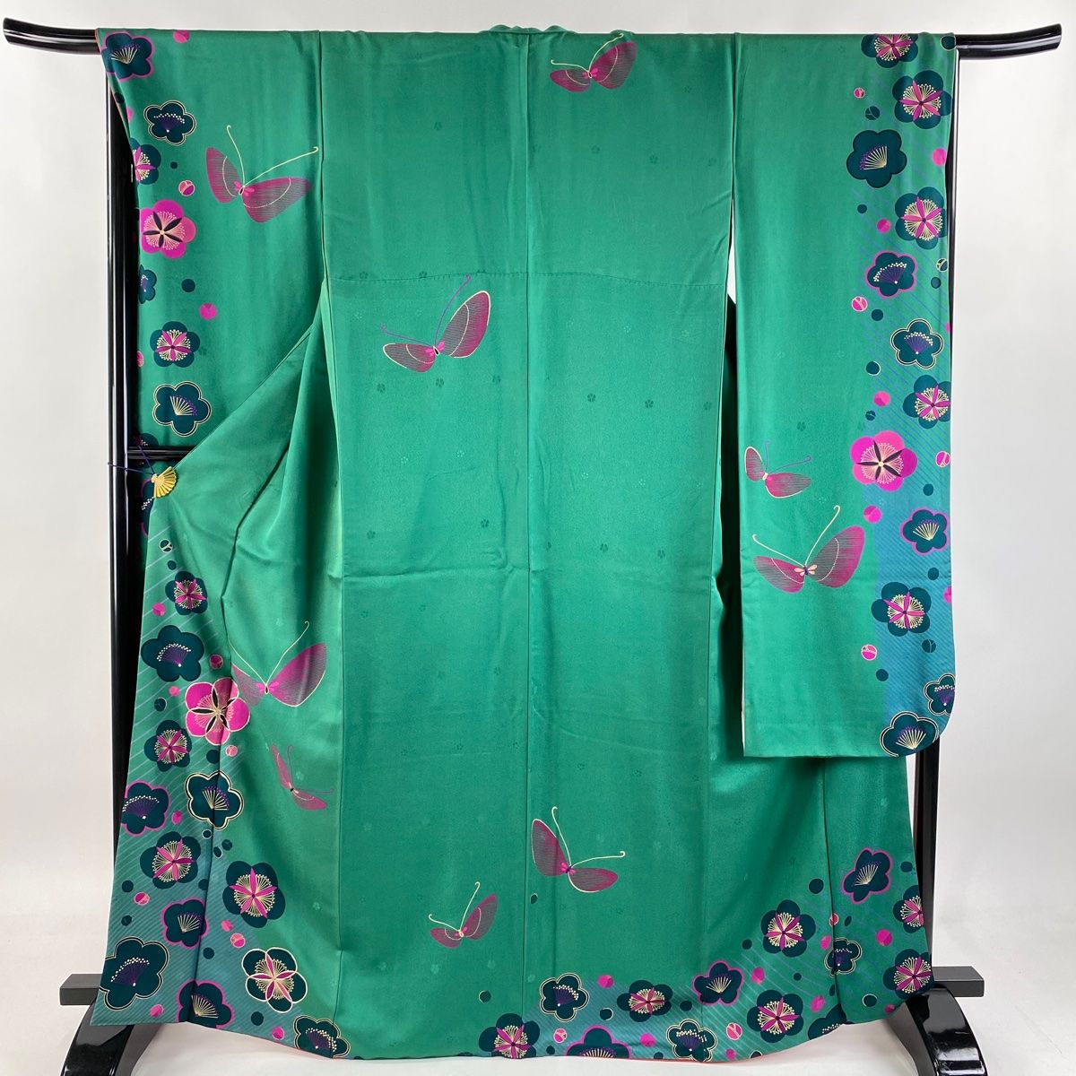 振袖 身丈167cm 裄丈67cm M 袷 梅 蝶 金銀糸 金彩 緑 正絹 名品