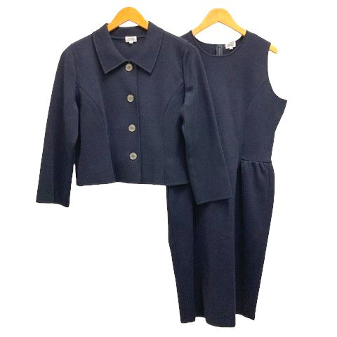 フォクシー FOXEY セットアップ ウール ジャケット ワンピース 長袖 ノースリーブ 膝丈 無地 40 紺 ネイビー