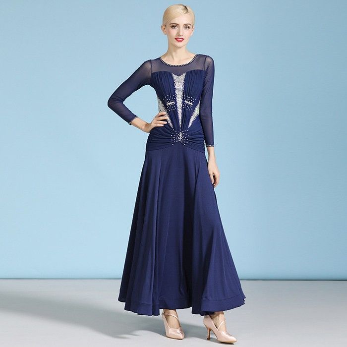 【史上最も激安！】 高品質 社交ダンス ドレス 社交ダンス衣装 長袖 豪華 キラキラ 初心者 練習着 広がる裾 発表会用 ワンピース パーティー スタンダード レッスン着 発表会 競技着 演出用 開場ドレス ワルツ ドレス ロング丈 オールシーズン ネイビー み 64%オフ
