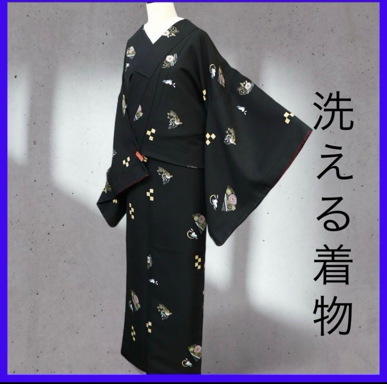 三日月とうさぎ a0412 裄長サイズ ♥ 洗える着物 小紋 月兎に飛び市松