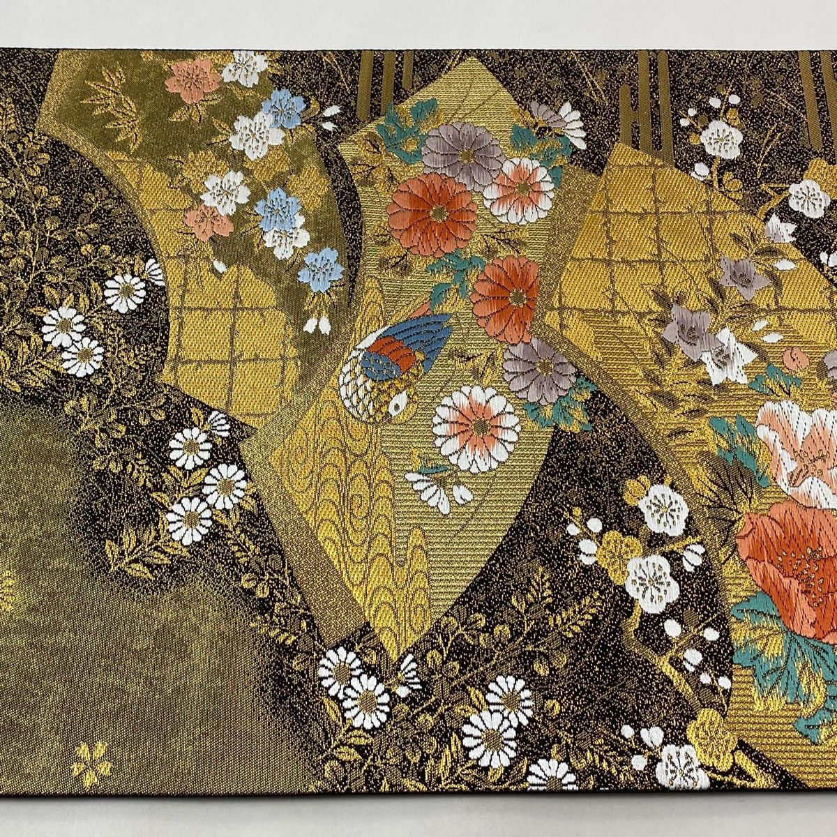 袋帯 美品 秀品 扇面 花鳥 刺繍 金糸 墨色 六通 正絹 【中古