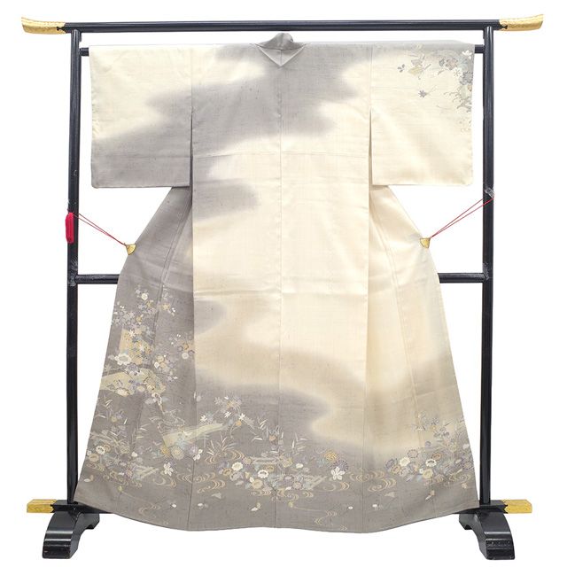 しょうざん生紬 訪問着 正絹 染分け 桜 菊 萩 鴛鴦 イ5882 しょうざん生紬 訪問着 正絹 染分け 桜 菊 萩 鴛鴦 イ5882