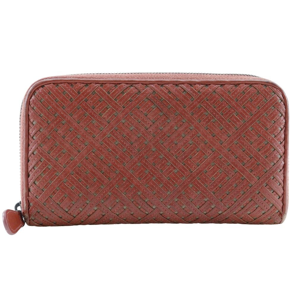 BOTTEGAVENETA ボッテガヴェネタ ラウンドファスナー イントレチャート ラムスキン 赤茶 レディース 長財布