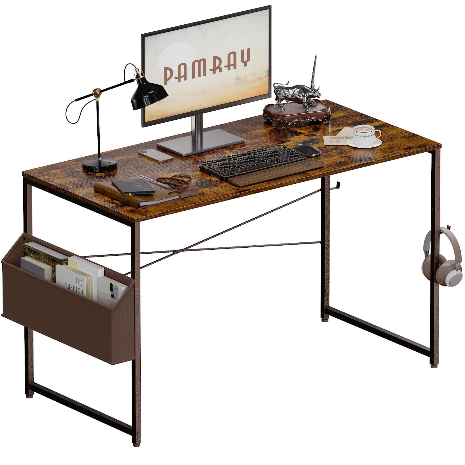 PAMRAY デスク 机 幅120cm×奥行50cm パソコンデスク pcデスク 収納袋付き ヘッドフォンフック付き 勉強机 シンプルミニデスク 在宅ワークデスク つくえ 組立簡単 ビンテージ