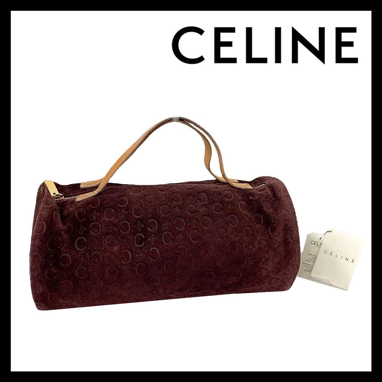 SJ【CELINE】Cマカダム柄 ハンドバッグ スエード ワインレッド