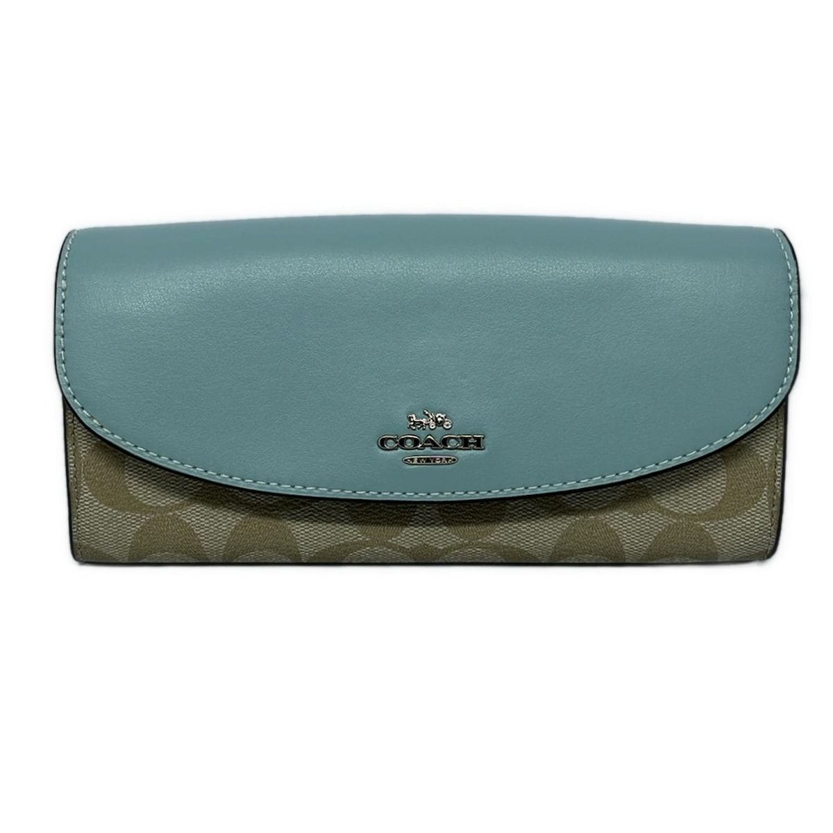 COACH コーチ 長財布 シグネチャー PVC スリム エンベロープ F54022 ベージュ×ライトブルー レザー