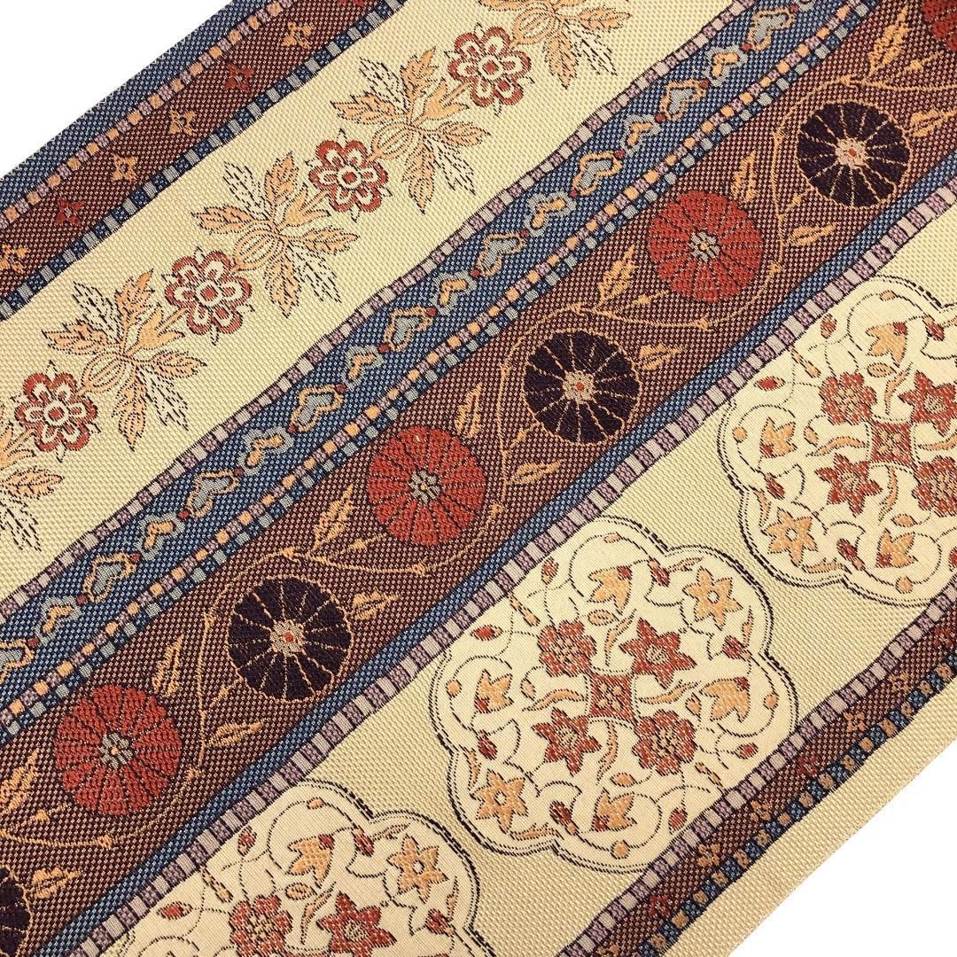 名古屋帯 博多織 縦柄花模様 魚子黄色 O-5539