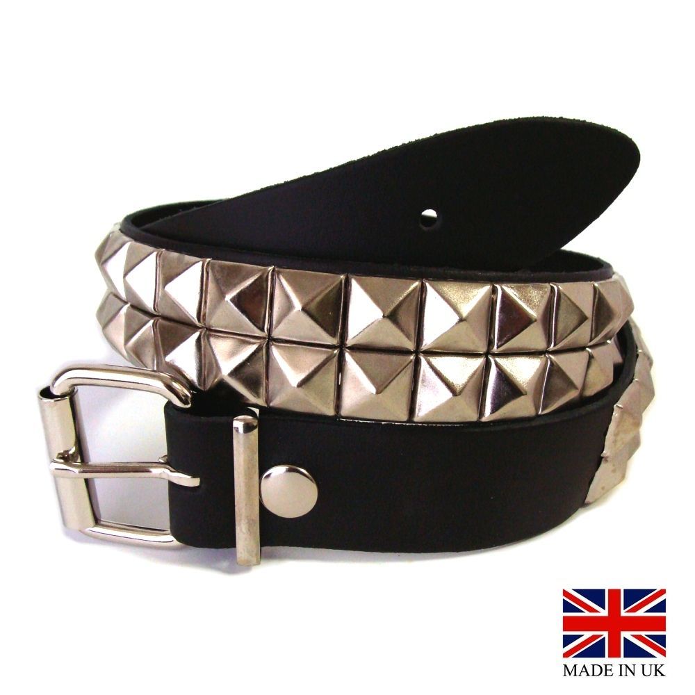 イギリス製 2-Row Large Pyramid Stud Belt 2連ラージ ピラミッド スタッズ 鋲 ベルト SV|BK Made in UK 英国レザーにシンプルにスタッズを打ち込んだ鋲打ちベルト