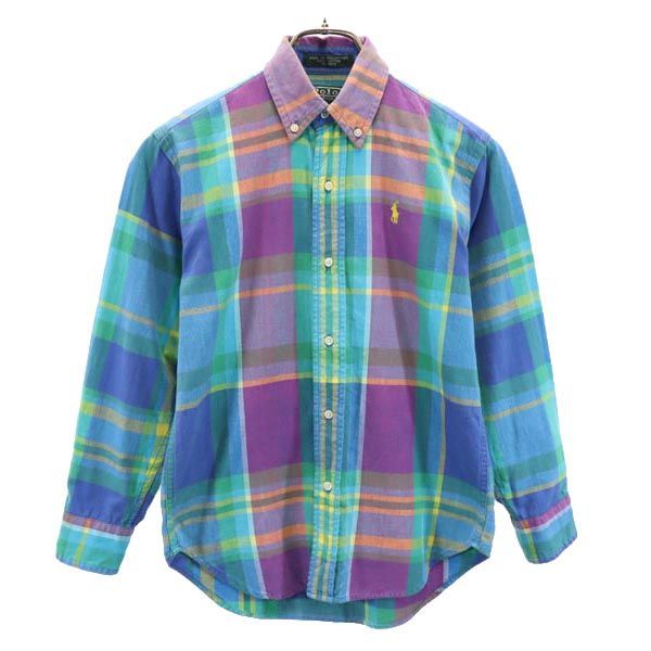 ポロバイラルフローレン 80s 緑タグ ヴィンテージ ボーイズ チェック柄 長袖 ボタンダウンシャツ M ブルー系 Polo by Ralph Lauren キッズ 古着 【231208】 メール便可