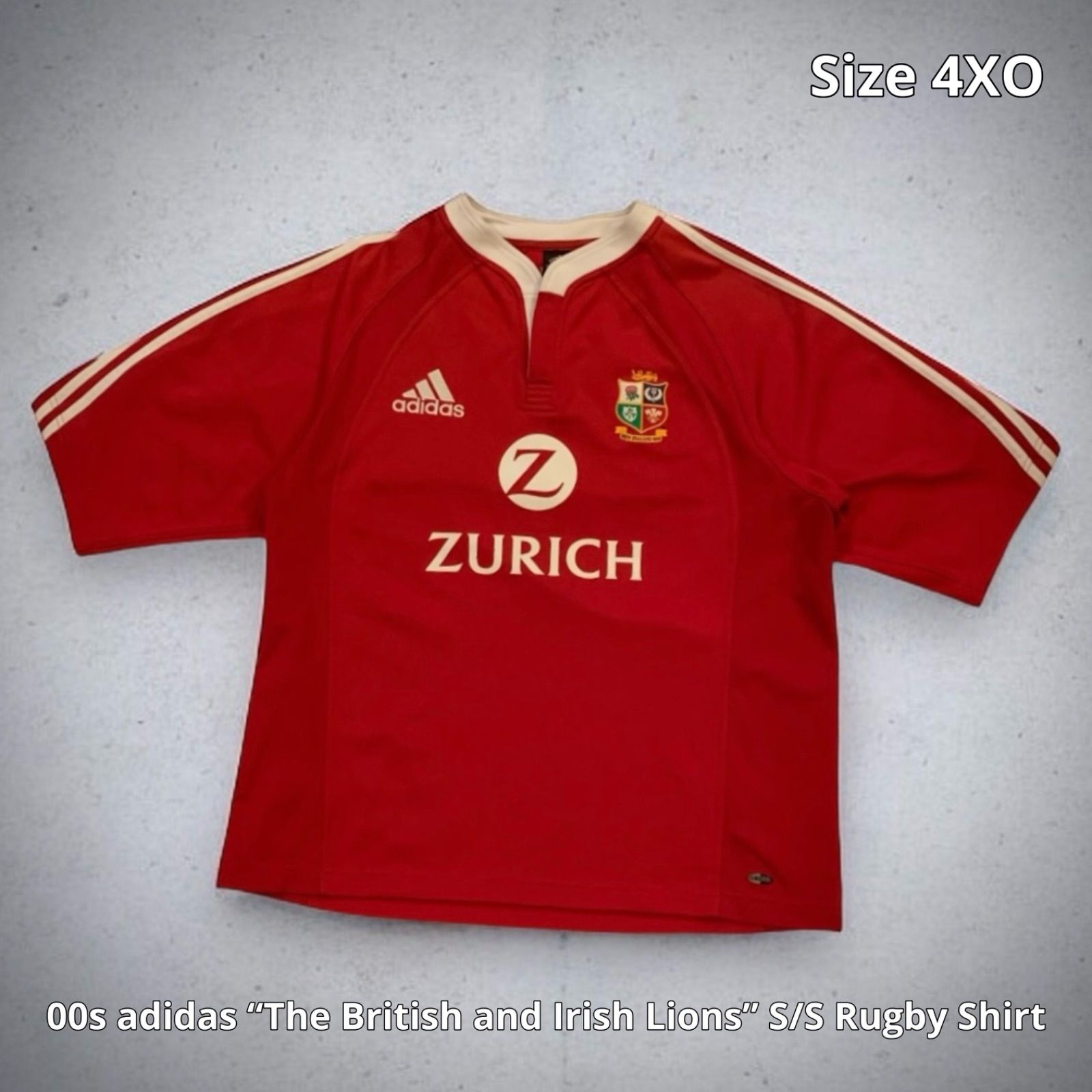 00s adidas “The British and Irish Lions” S/S Rugby Shirt アディダス ブリティッシュ &アイリッシュ・ライオンズ ラガーシャツ ゲームシャツ 半袖 レッド 4XOサイズ ラグビー 刺繍 ZURICH - メルカリ