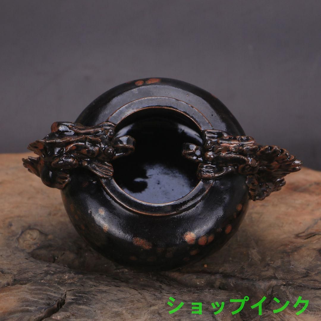 宋  黒釉点彩双耳竜紋三足香炉   陶磁器 装飾品 現代工芸品美術品 置物 宋 黒釉点彩双耳竜紋三足香炉 陶磁器 装飾品 現代工芸品美術品