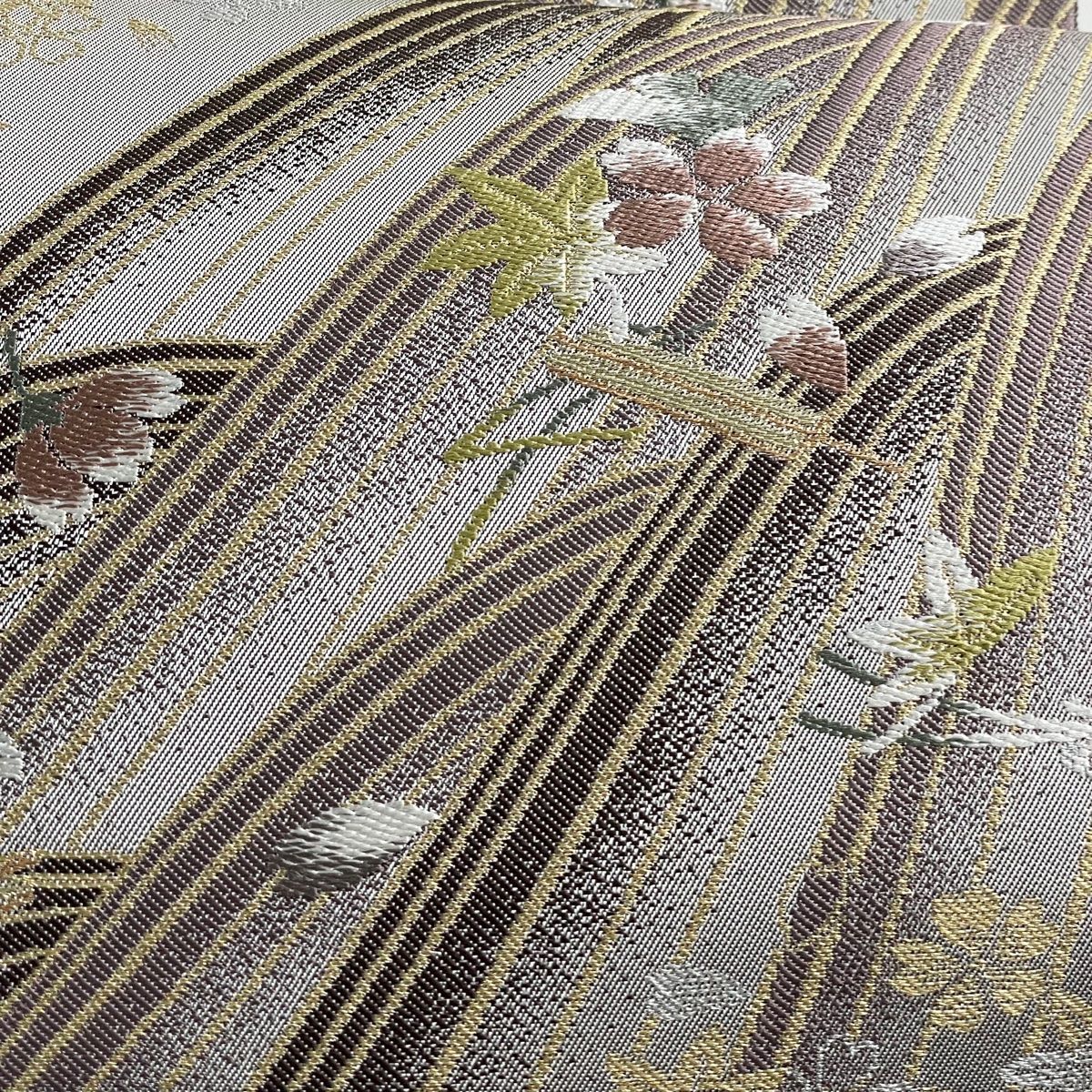 袋帯 美品 名品 坂東三津五郎 落款 やまと 楓 桜 金銀糸 灰茶 六