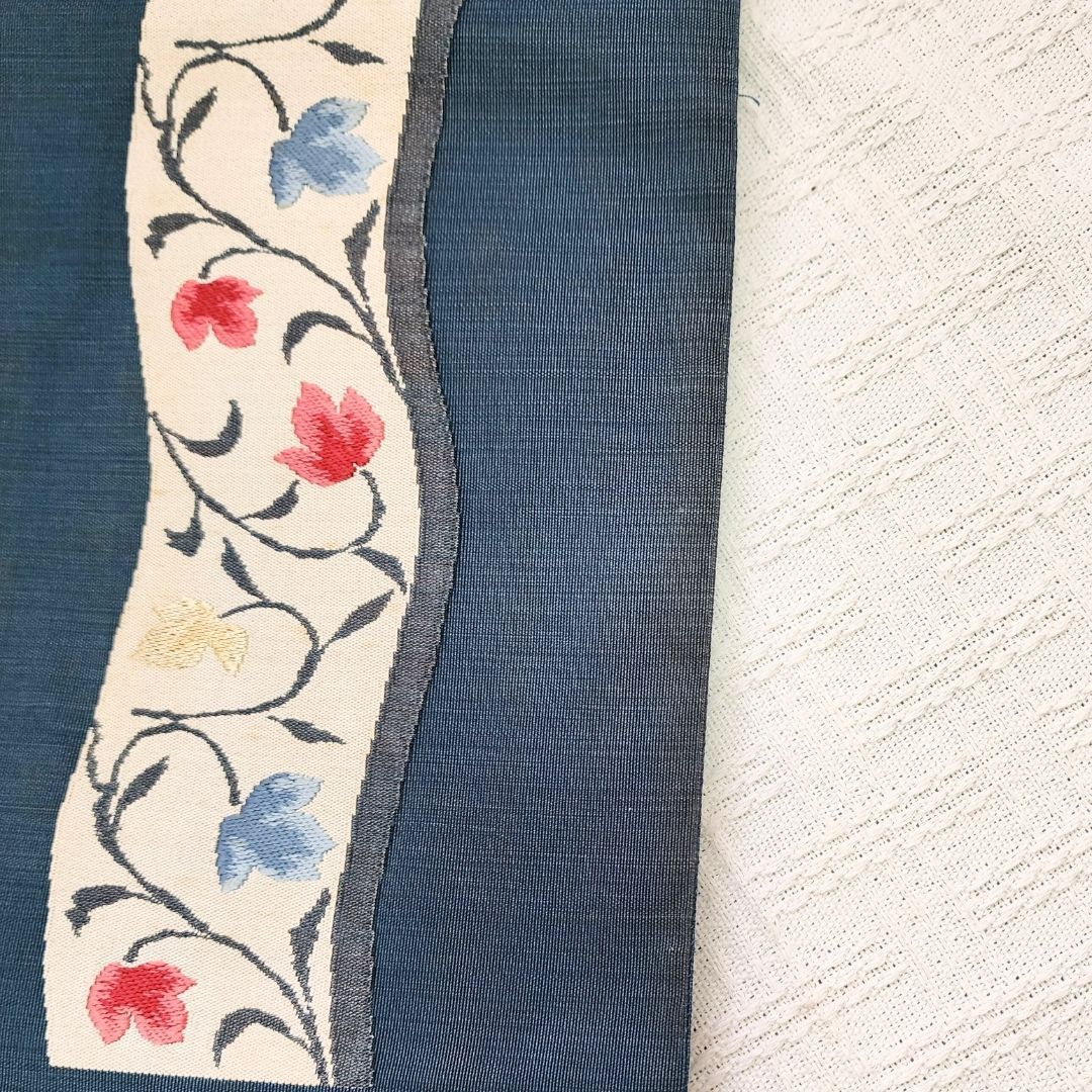 紬　刺繍　抽象花の名古屋帯　着物 訳あり特価】名古屋帯 ネイビー×花模様 刺繍カラフル｜柔らか