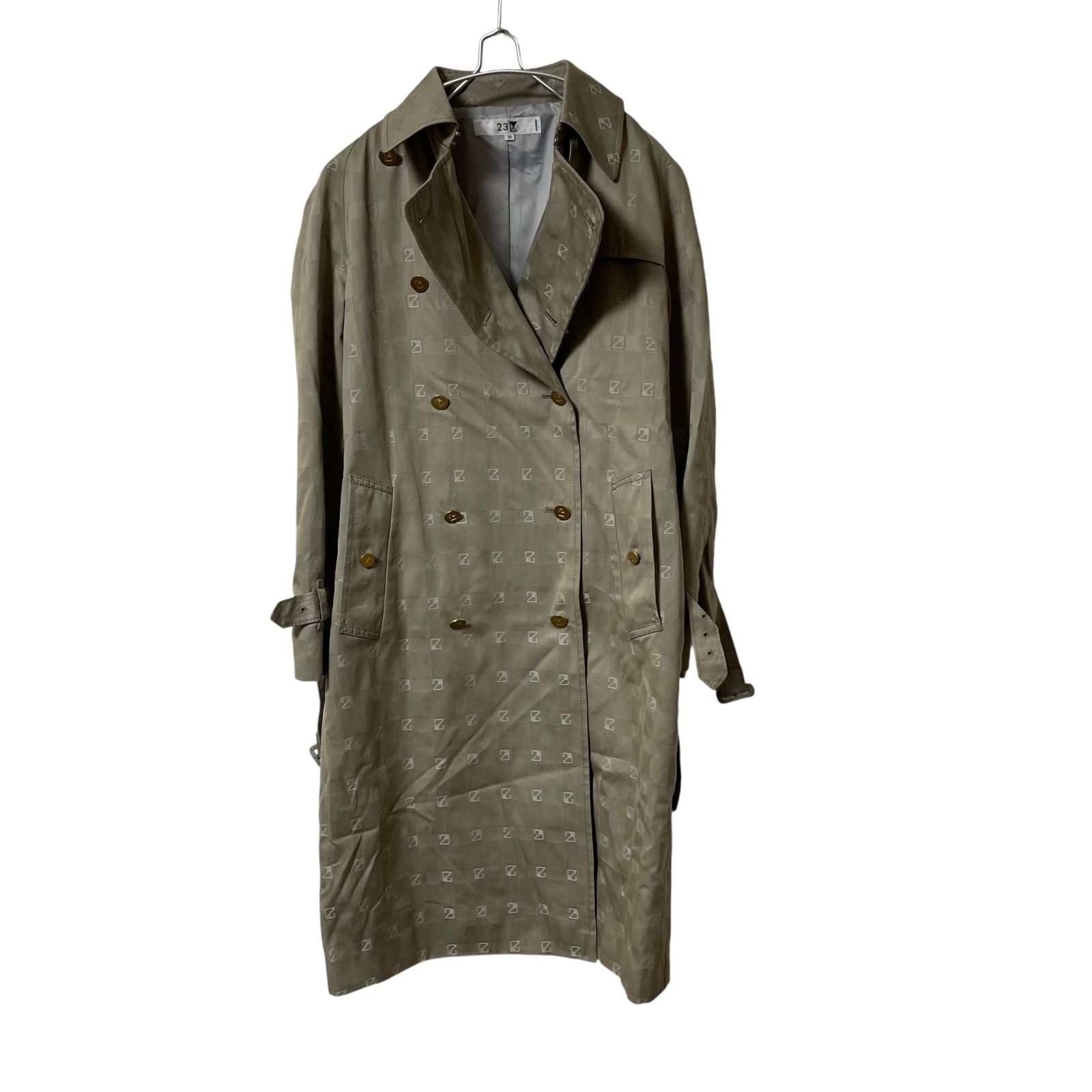 【美品】23区 トレンチコート 総柄 ベルト付き ベージュ Mサイズ Z1492 23区 トレンチコート ロゴ柄 金ボタン 腰ベルト付 ベージュ