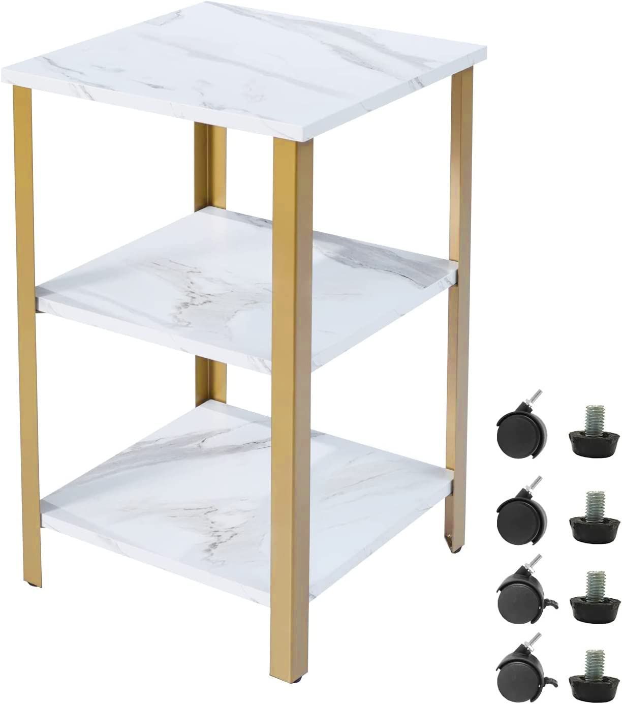 ソファーサイド テーブル ベッドサイド 3段 テーブル ストッパー搭載 キャスター付き 簡単組立 シェルフ 木製天板 オープンラック 金属フレーム 頑丈 サイドテーブル オシャレ MONCOT ET912-WH