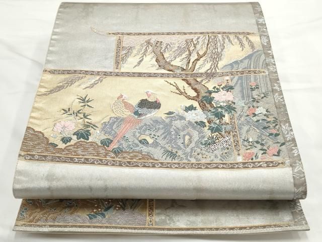 平和屋着物◎六通柄袋帯 風景草花文 純銀純金箔 金糸 正絹 逸品