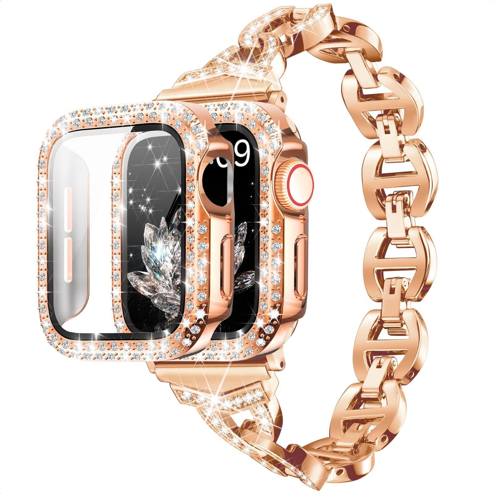【在庫処分】Apple Watch バンド ダイヤモンドラインストーンAppleWatchケース付き アップルウォッチ ベルト ステンレス 【Daturus】互換性があります アップルウォッチバンド （ローズゴールド バ