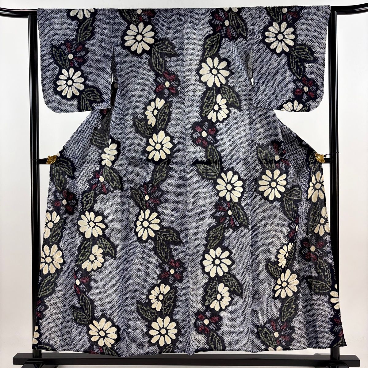 浴衣 身丈155cm 裄丈63cm S 絞り浴衣 菊 濃紺 綿 名品