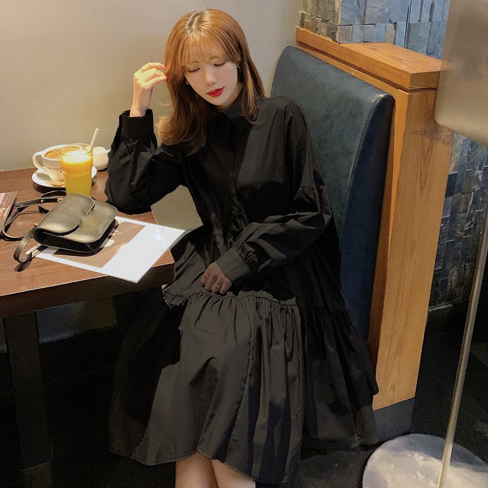 シャツワンピース ひざ丈 長袖 ティアード エレガント シック 大人