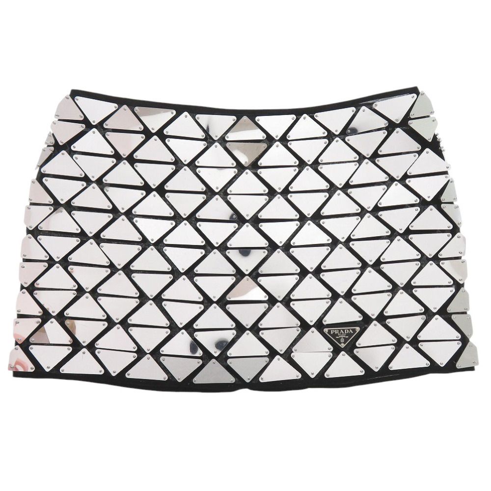 プラダ ミラーパネル P126UR S222 コットン シルバー ブラック ミニスカート 0333 PRADA