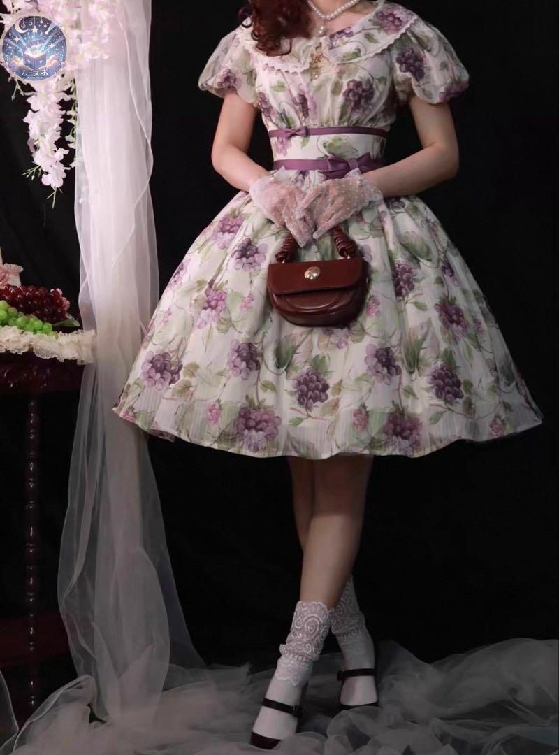 ぶどう柄ロリータワンピース お上品なスタイルでデートやお出かけに最適