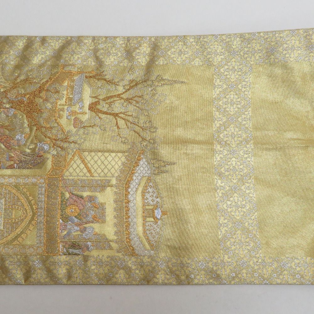 袋帯 繻珍織 本金 金糸銀糸 トルコ風景文様 六通柄 ゴールド色 正絹