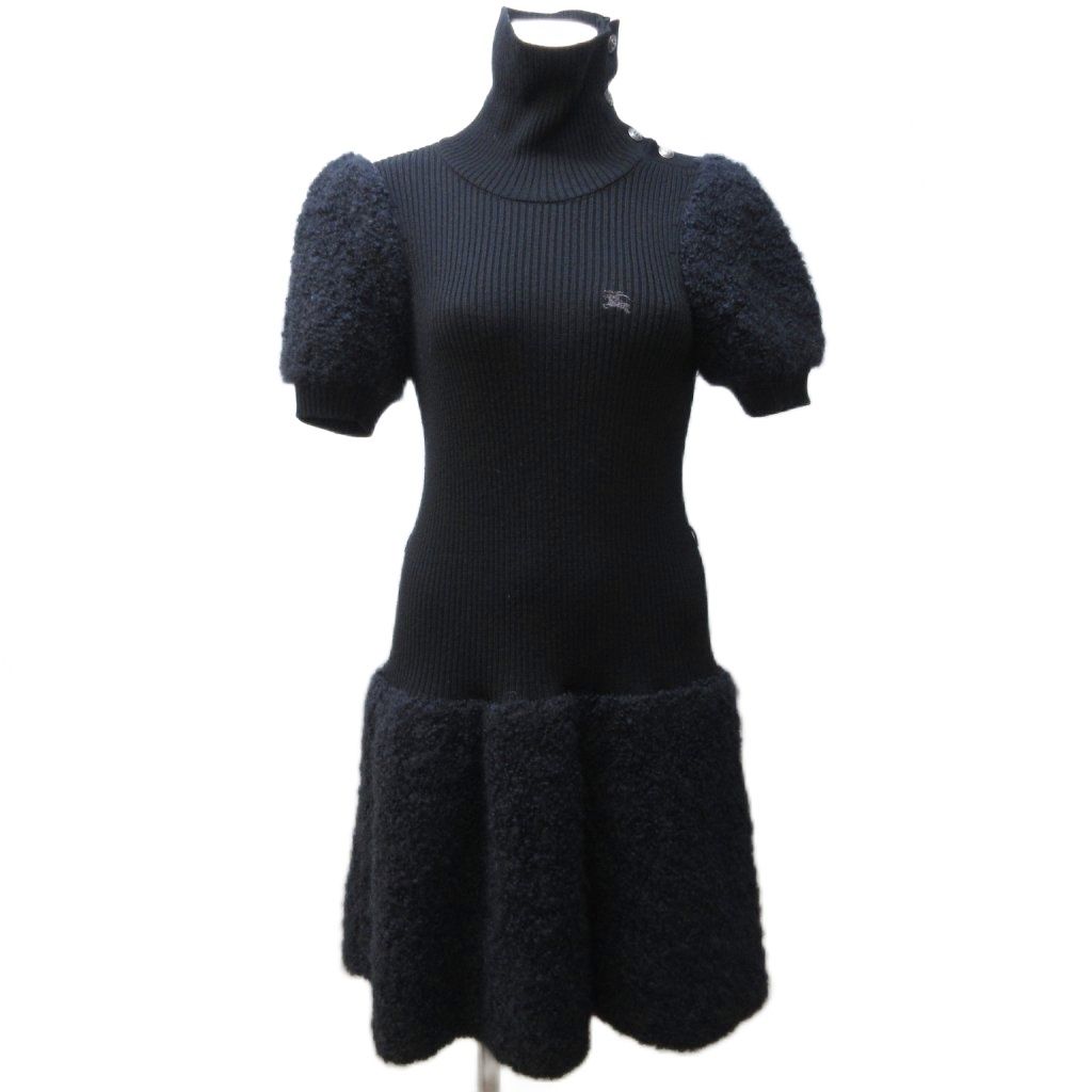 バーバリーブルーレーベル BURBERRY BLUE LABEL ハイネックワンピース パフスリーブ ボア ブークレーニット ポニー刺繡 黒 ブラック 38 約M IBO79