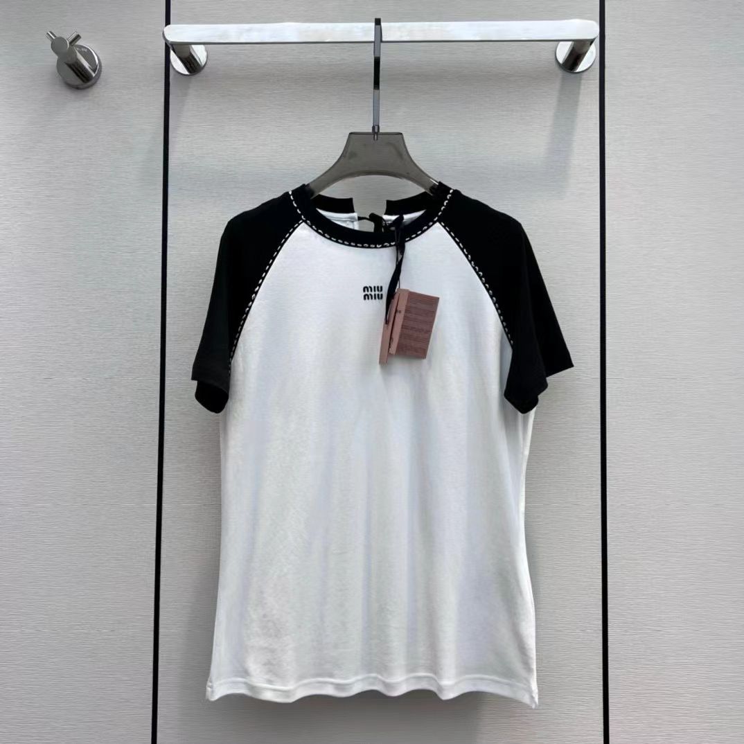 新作MIUMIU MUMUショート2024春夏アルファベット半袖TシャツS