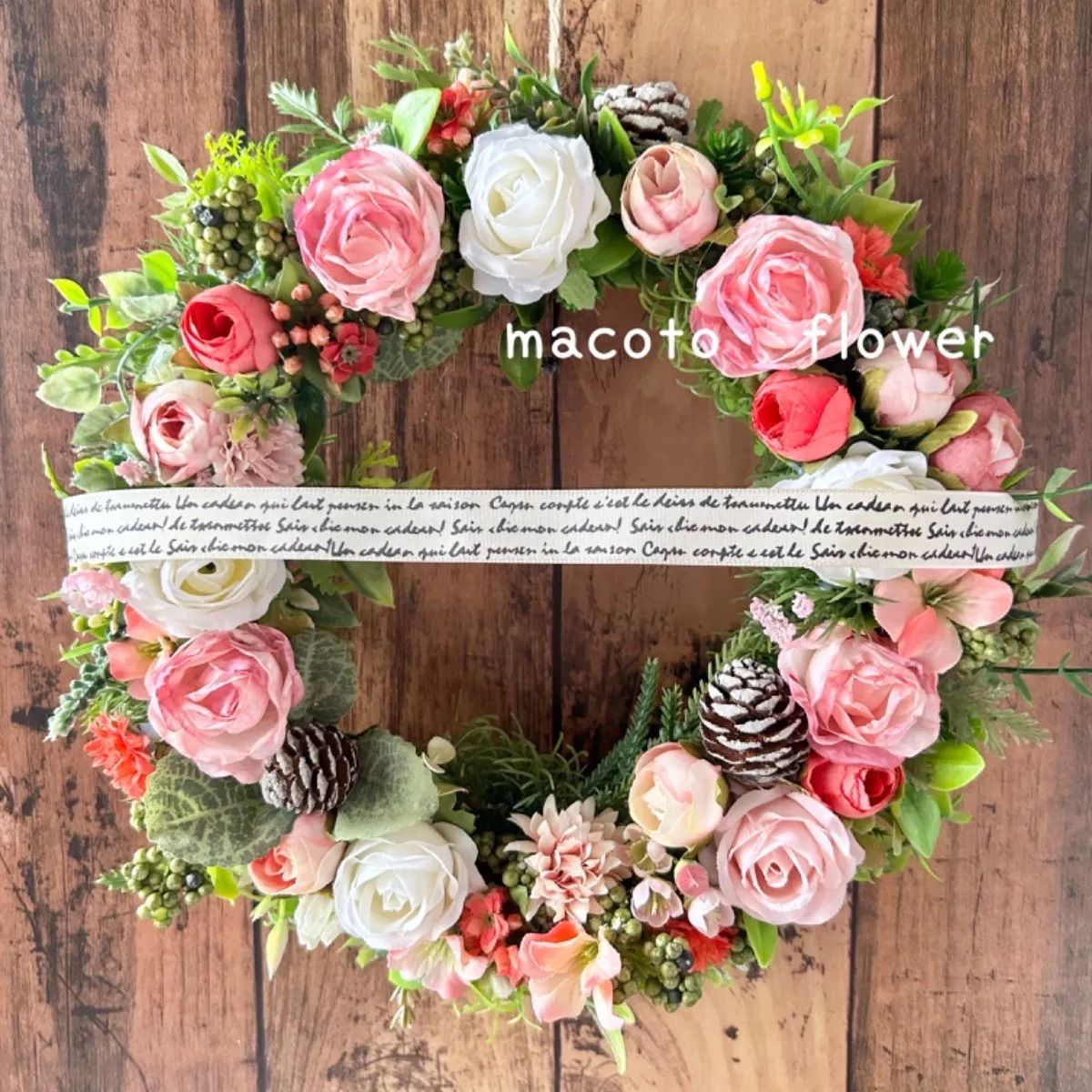 フラワーリース ピンク薔薇 造花