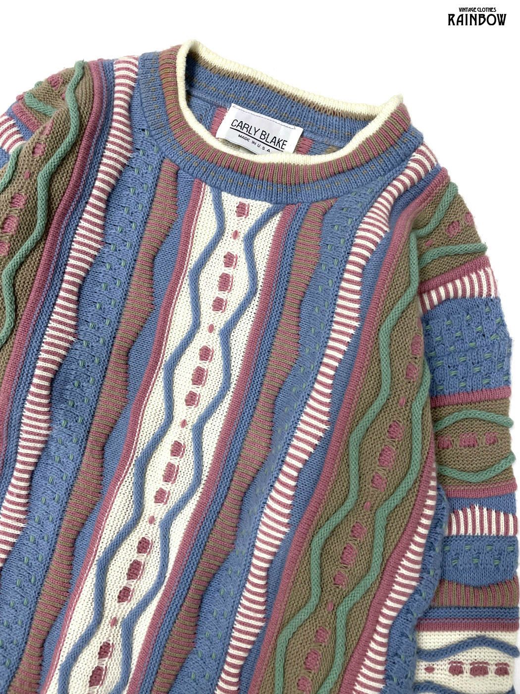 古着 CARLY BLAKE アメリカ製 総柄 長袖 3D ニット セーター 水色 ttu2508101