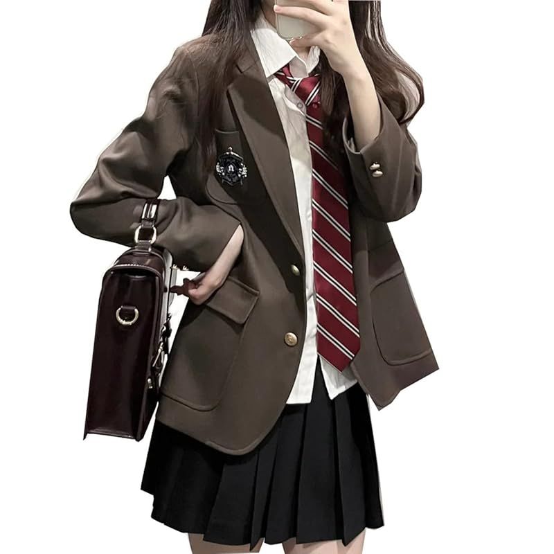 在庫 CAWILXHA ニャンコの爪 ブレザー セーラー服 チェック柄 緑 ジャケット コート jk制服 女子制服 Cosplay 高校生 4点セット L ブレザーの4点セット 茶色 0
