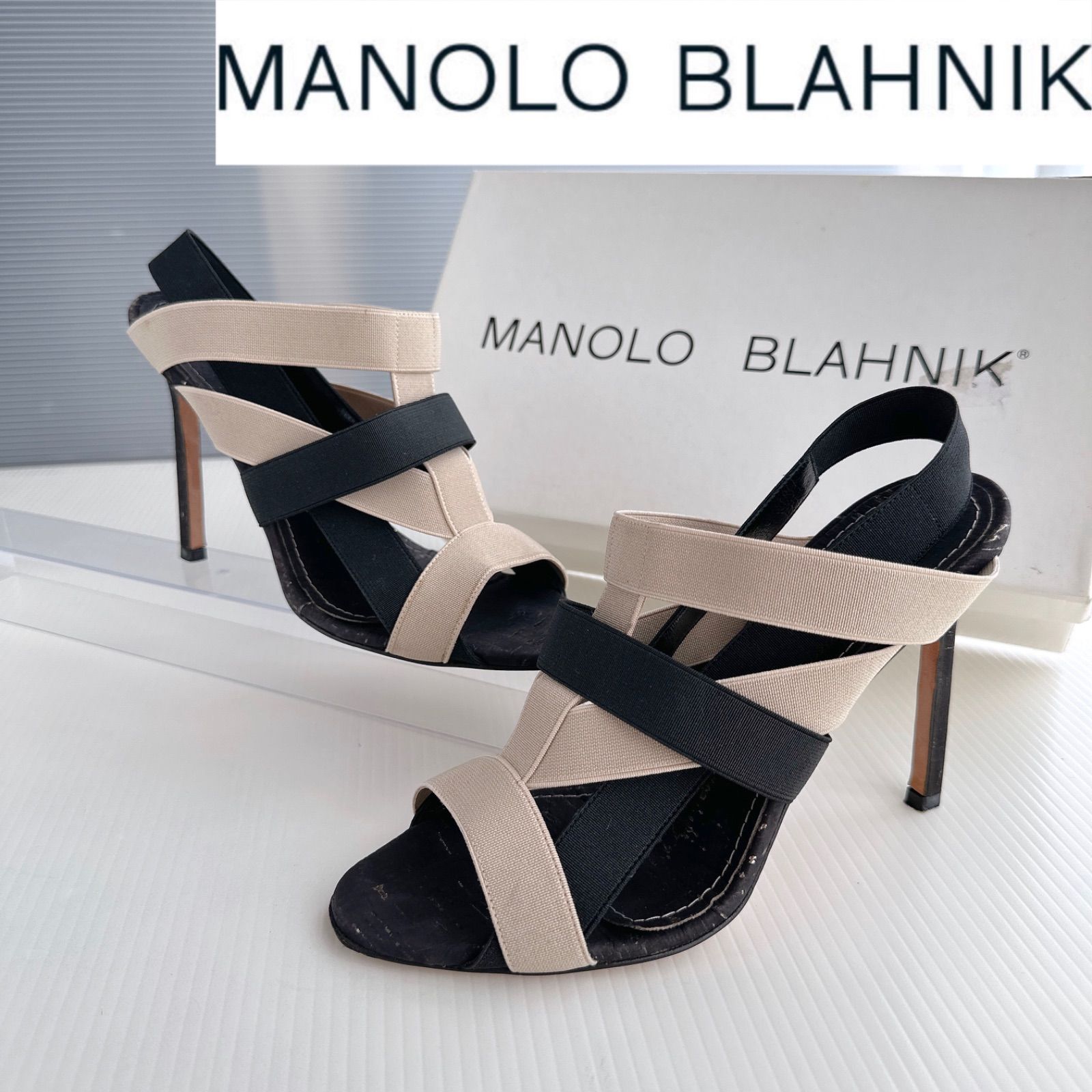 MANOLO BLAHNIK マノロブラニク アンクルストラップ サンダル パンプス ハイヒール ピンヒール オープントゥ レーディス 靴 36 極美品  ベージュ ブラック正規品 - メルカリ